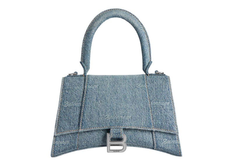 Balenciaga Women'S Hourglass Small Handbag Girly Allover Denim Light Blue