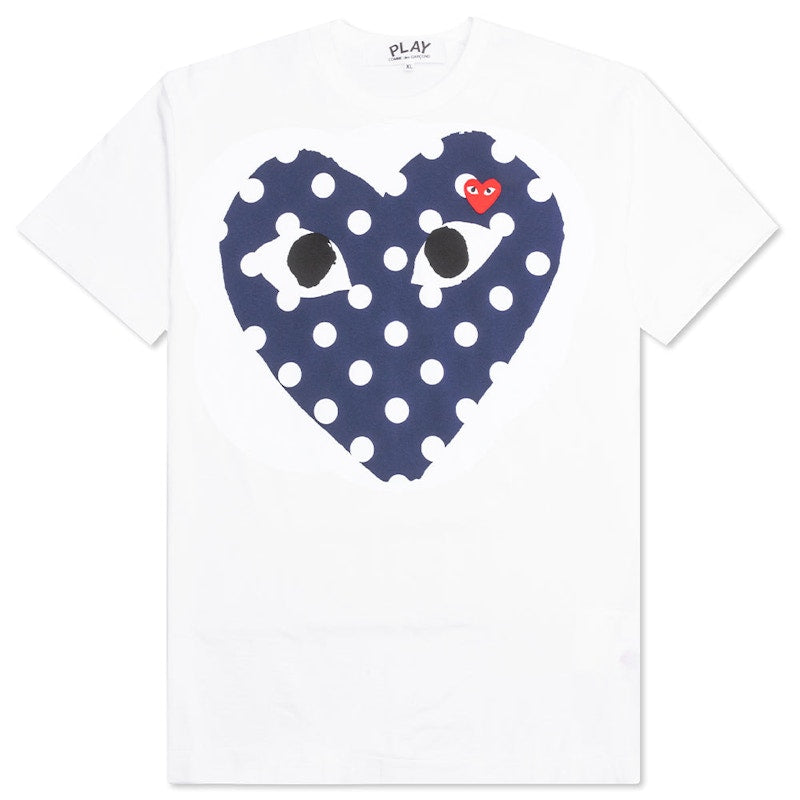 Comme Des Garcons Play Navy Polka Dot Full Heart T-Shirt White