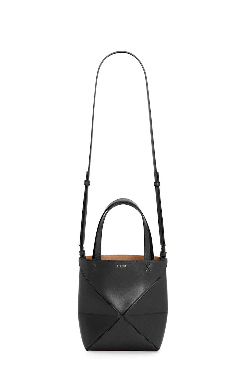 Loewe Mini Puzzle Fold Tote In Shiny Calfskin Black