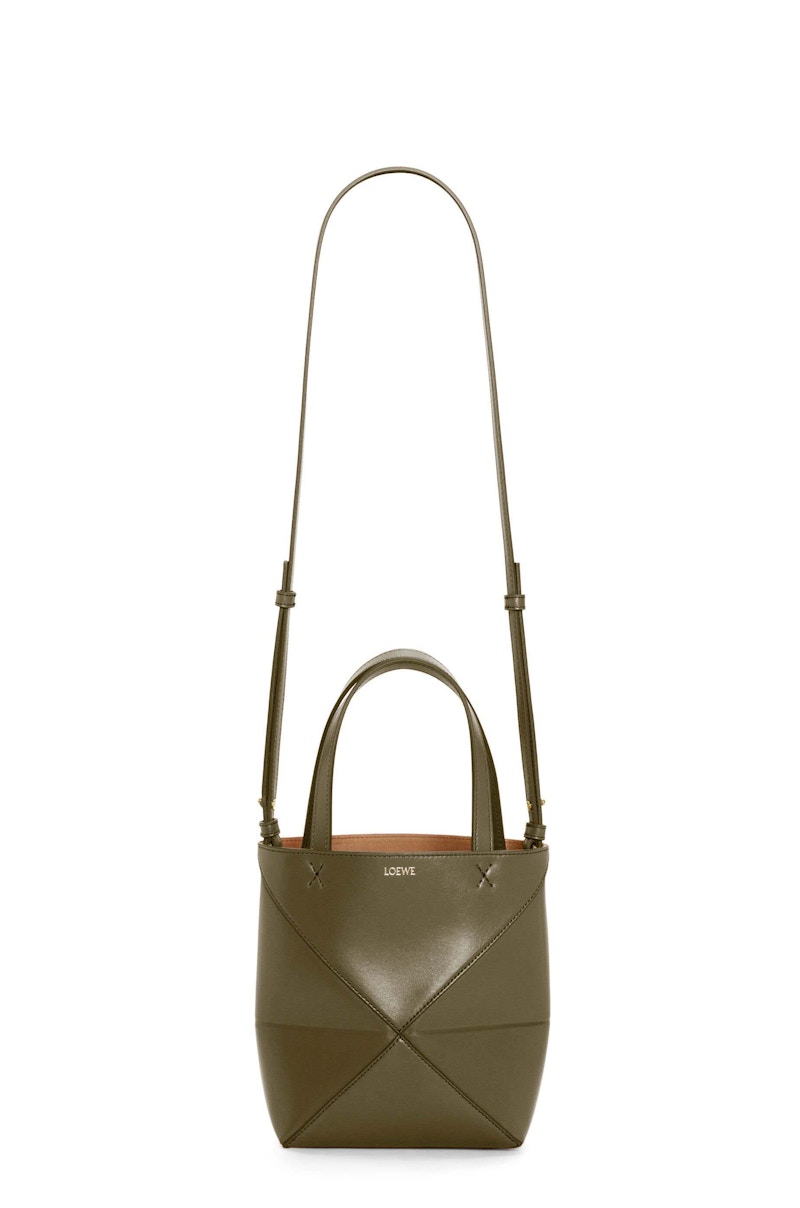 Loewe Mini Puzzle Fold Tote In Shiny Calfskin Dark Khaki Green