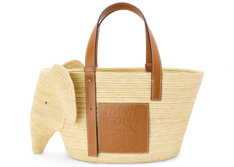 Loewe Elephant Basket Bag In Raffia And Calfskin Natural/Tan