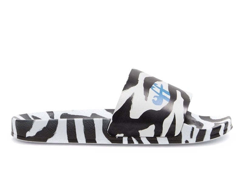 Off-White Pool Slides Zebra Print Black White Blue (Women's)