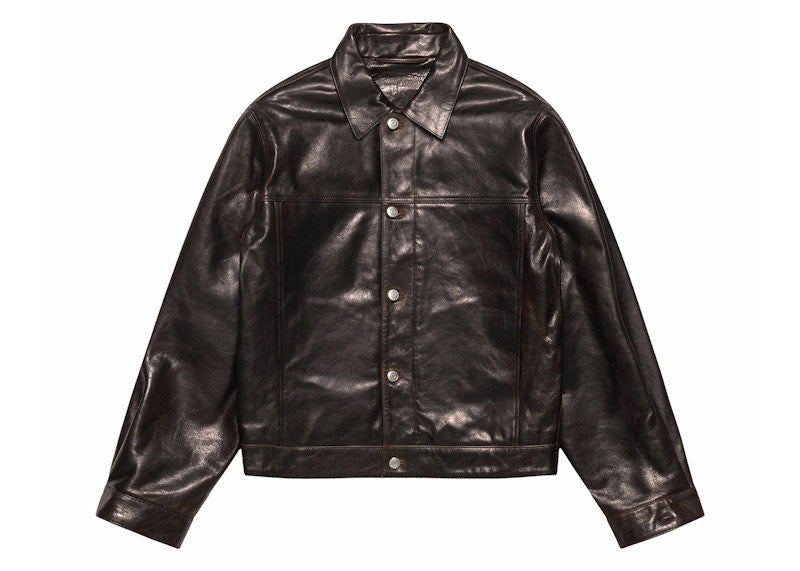 Stussy Trucker Leather Jacket Dark Brown